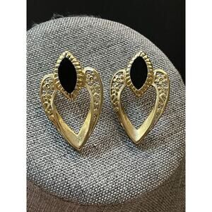 Vintage Signed VAL Pierced Earrings Black Enamel Gold Plated Drop Statement